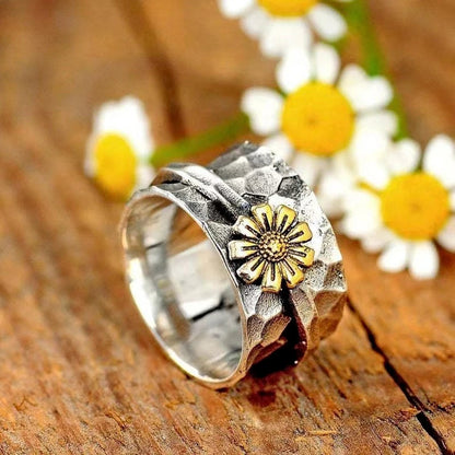 Anillo de Flor de Girasol en Plata 925