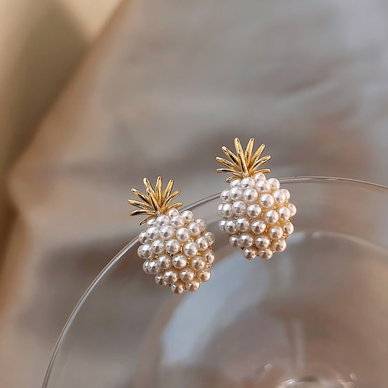 Aretes Piñas Tropicales con Perlas Incrustadas