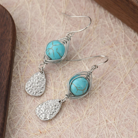 Ethnic Silver Color Metal Carving Pattern Earrings Vintage Round Inlaid Imitation Turquoise Dangle Earrings for Women Jewelry