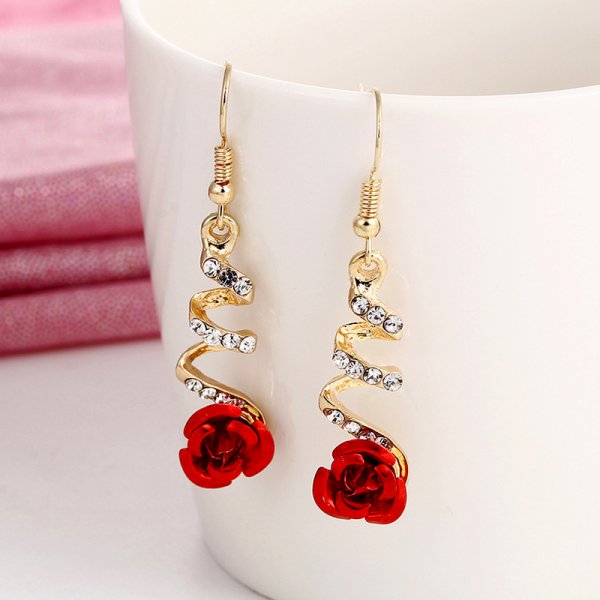 Pendientes Rosa Roja con Circonitas en Oro