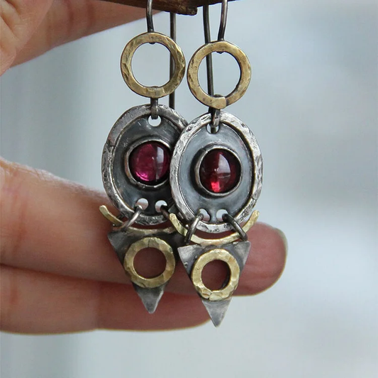 Aretes Vintage en Oro y Plata de Cristal Rojo